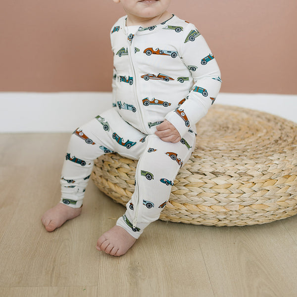 Convertible Bamboo Romper- Vintage Racers – The Mini Babe